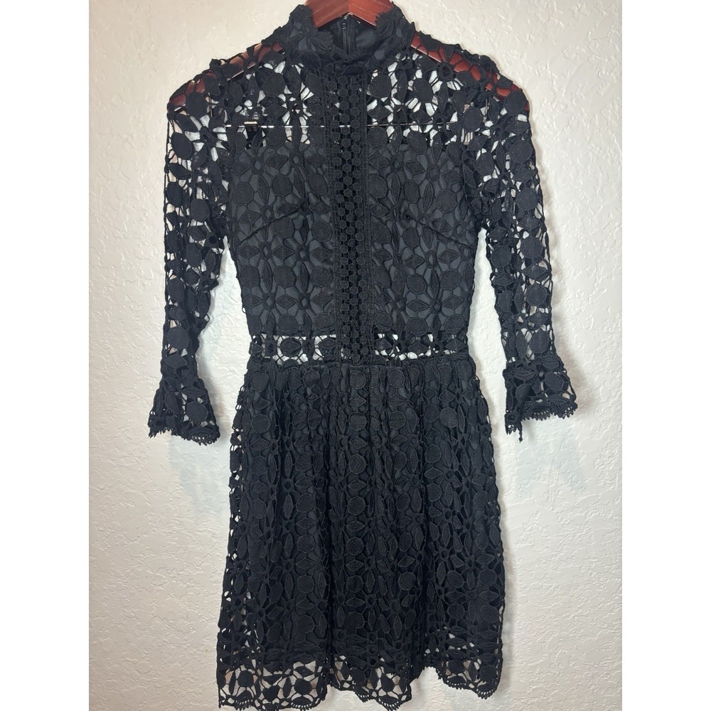 Black Eilly Bazar Mock Neck Lace Flounce Sleeve Mesh Insert Dress Sz‎ XS